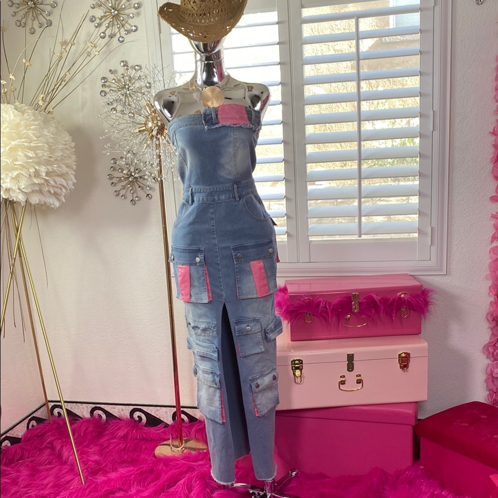 Denim Cargo Strapless Dress